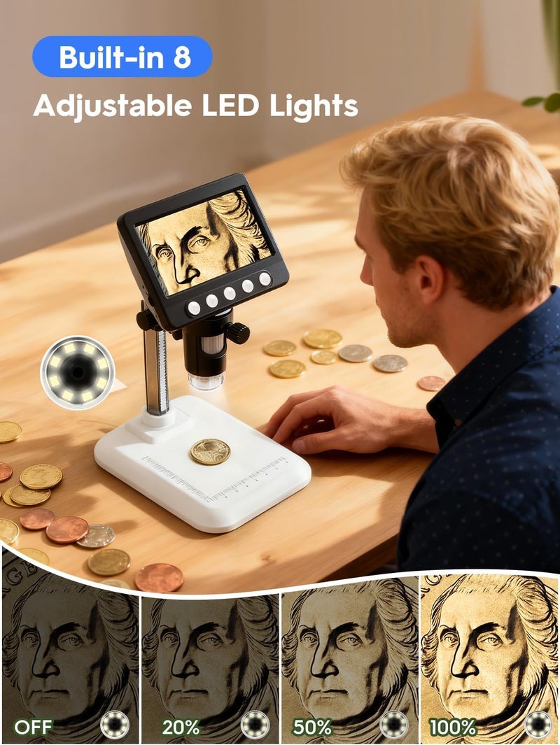 WKR ميكروسكوب عملات للأخطاء، 4.3 بوصة 1080P LCD ميكروسكوب رقمي، مكبر 50x-1000x مع 8 أضواء LED قابلة للتعديل، عرض على الكمبيوتر، متوافق مع MacOS و Windows للبالغين والأطفال - Image 5